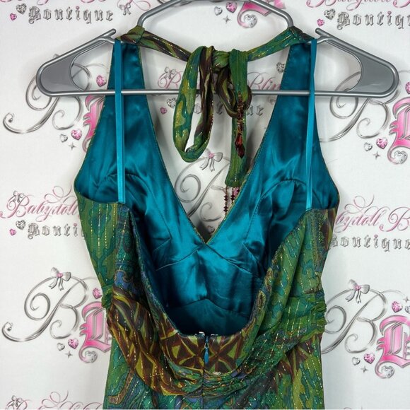 Cache dress long halter tie up beaded tassle Green and Brown Backless Dress - Picture 4 of 15